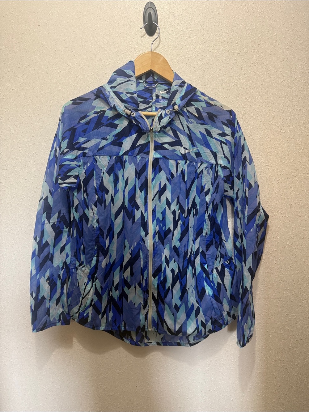 Nike Lightweight Blue Geometric Hooded Jacket - Women's- Size L